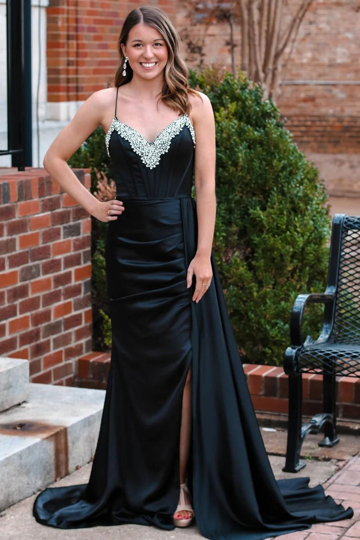 Lumidress Black Satin Spaghetti Strap Prom Dress with Beaded Neckline and Side Slit