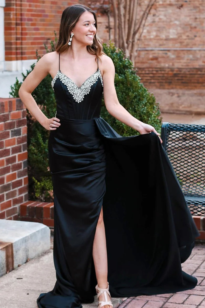 Lumidress Black Satin Spaghetti Strap Prom Dress with Beaded Neckline and Side Slit