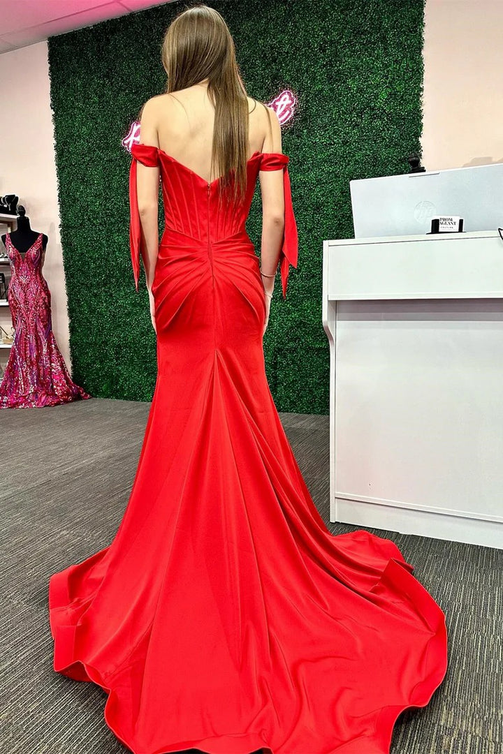 Lumidress Red Off-Shoulder Mermaid Prom Dress with Bow Sleeves and Side Slit