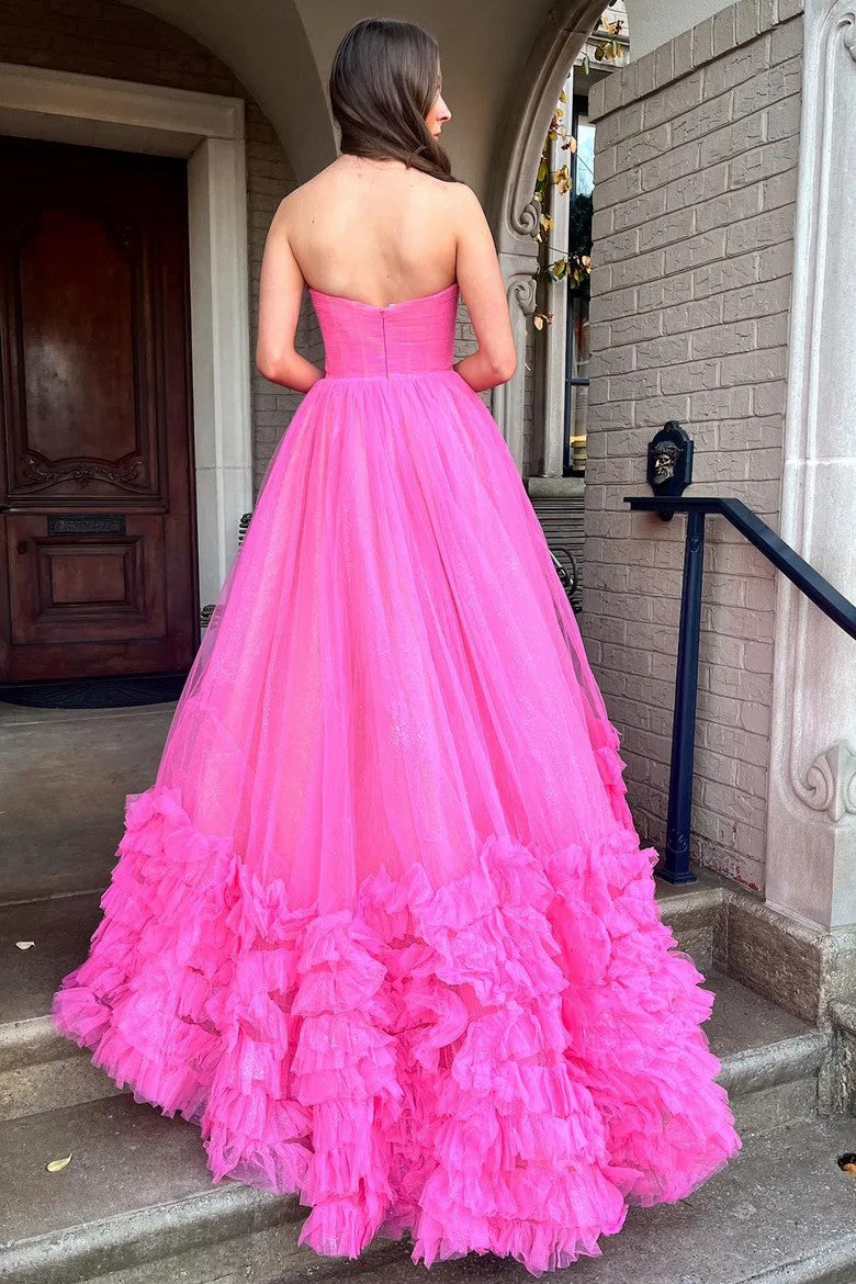 Lumidress Elegant Fuchsia Strapless Ruffle Tiered Tulle Ball Gown Prom Dress