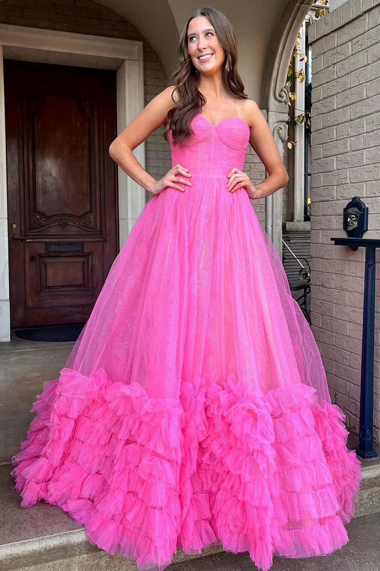Lumidress Elegant Fuchsia Strapless Ruffle Tiered Tulle Ball Gown Prom Dress