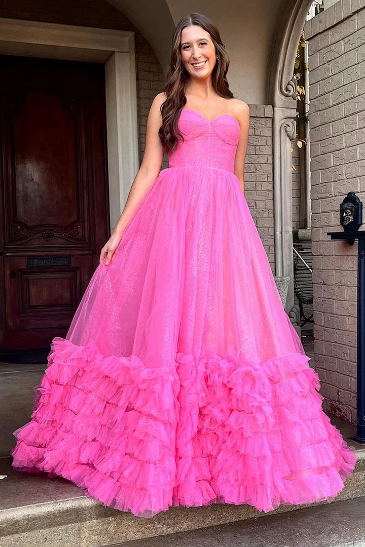 Lumidress Elegant Fuchsia Strapless Ruffle Tiered Tulle Ball Gown Prom Dress