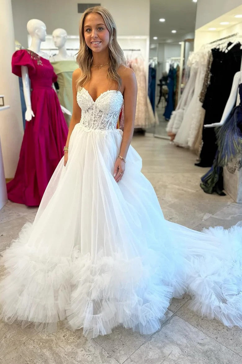 Lumidress Yellow Strapless Lace Bodice Tulle Ball Gown with Ruffled Hem