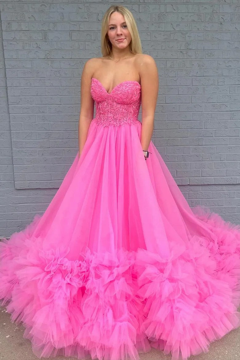 Lumidress Yellow Strapless Lace Bodice Tulle Ball Gown with Ruffled Hem