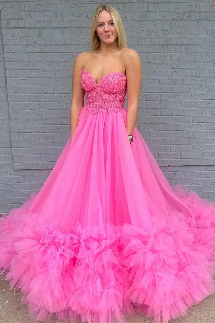 Lumidress Yellow Strapless Lace Bodice Tulle Ball Gown with Ruffled Hem