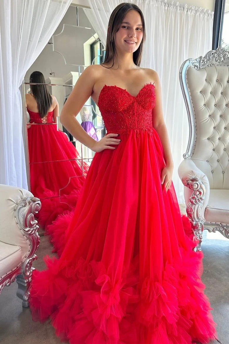 Lumidress Yellow Strapless Lace Bodice Tulle Ball Gown with Ruffled Hem