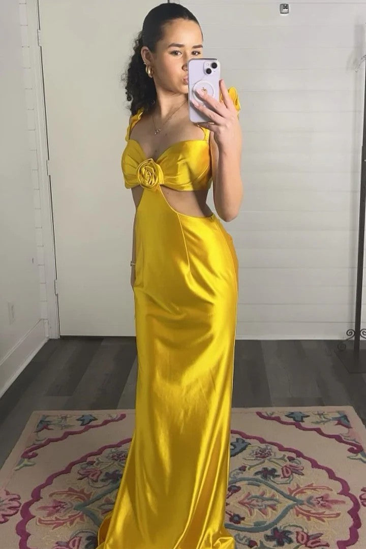 Sexy Off-the-Shoulder Cutout Satin Sheath Prom Dress with 3D Floral Detail
