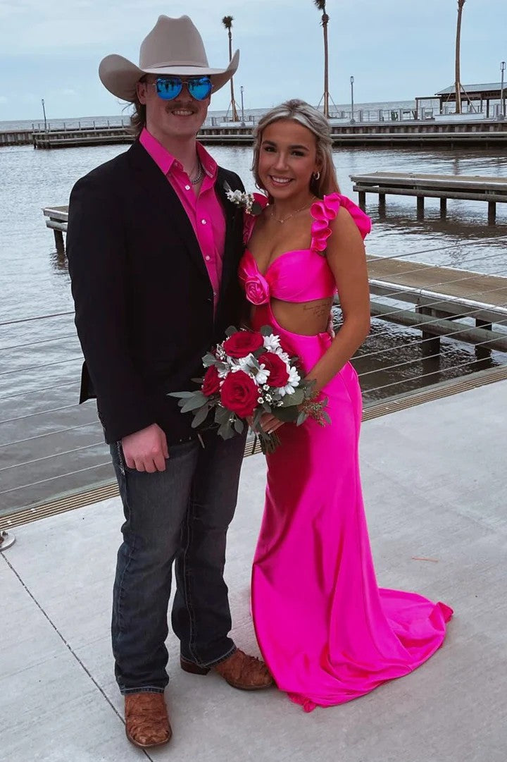 Sexy Off-the-Shoulder Cutout Satin Sheath Prom Dress with 3D Floral Detail