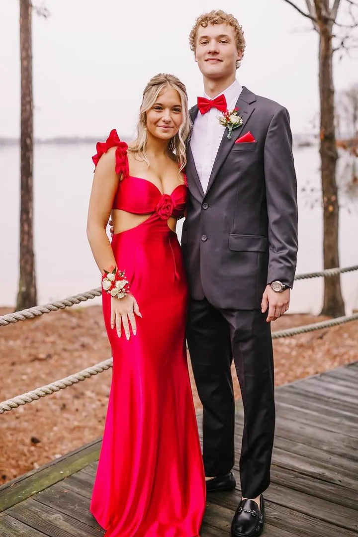 Sexy Off-the-Shoulder Cutout Satin Sheath Prom Dress with 3D Floral Detail