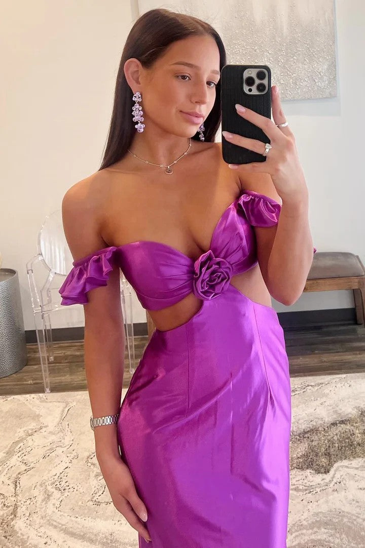 Sexy Off-the-Shoulder Cutout Satin Sheath Prom Dress with 3D Floral Detail