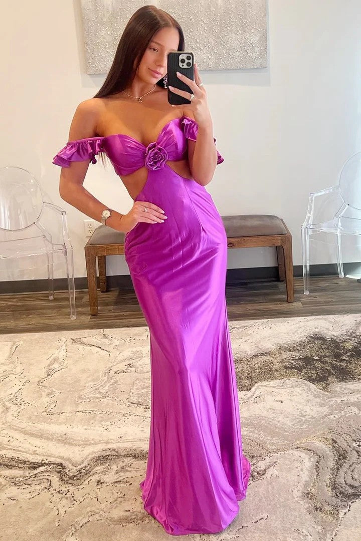 Sexy Off-the-Shoulder Cutout Satin Sheath Prom Dress with 3D Floral Detail
