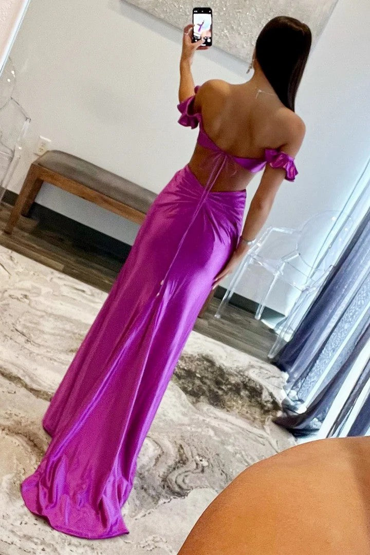 Sexy Off-the-Shoulder Cutout Satin Sheath Prom Dress with 3D Floral Detail