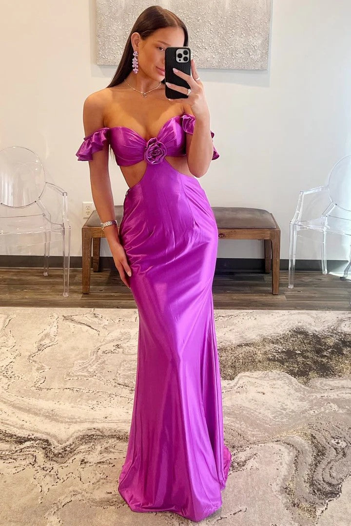 Sexy Off-the-Shoulder Cutout Satin Sheath Prom Dress with 3D Floral Detail