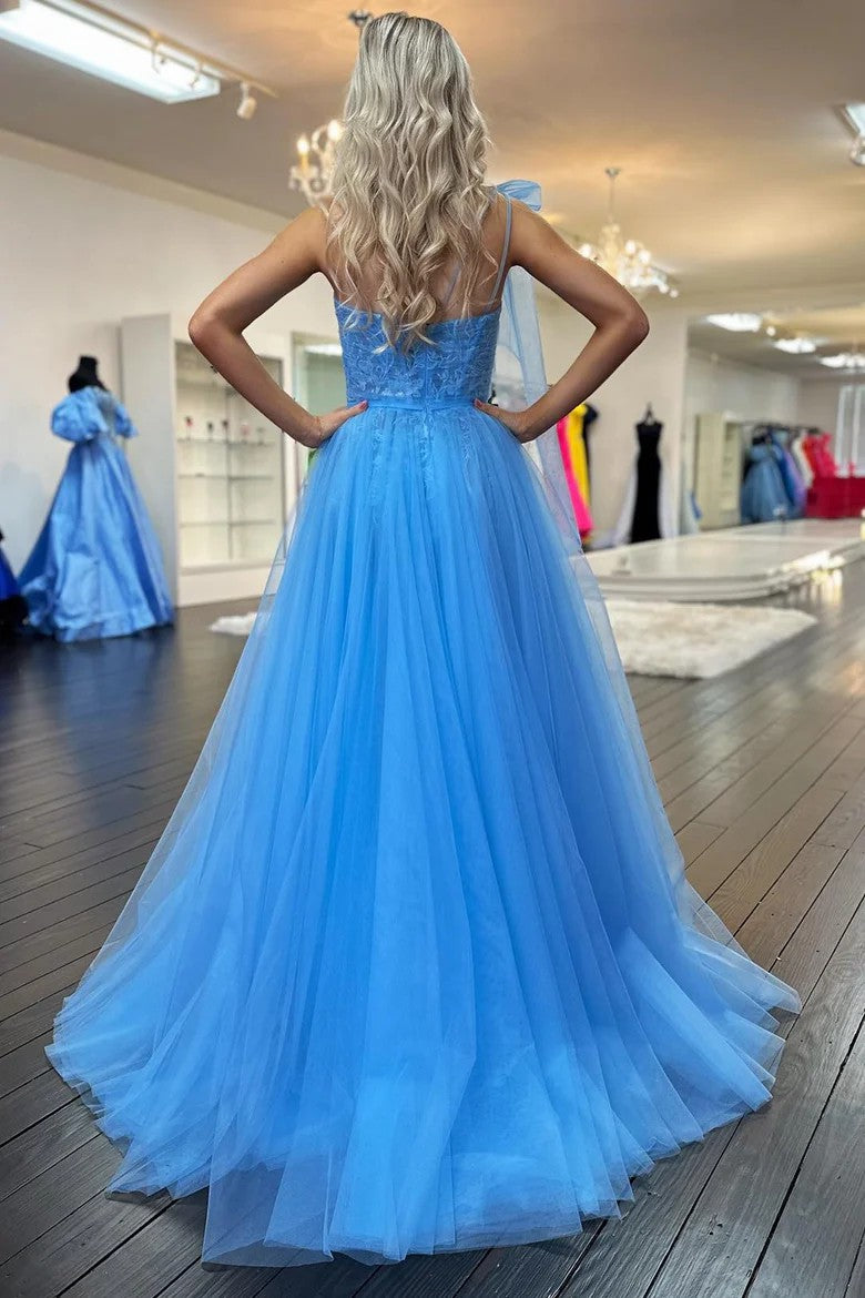 Lumidress Elegant Sky Blue One-Shoulder Lace and Tulle Ball Gown with Bow