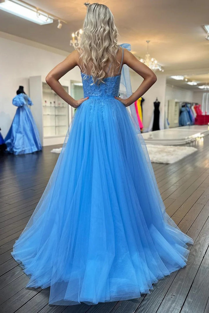 Lumidress Elegant Sky Blue One-Shoulder Lace and Tulle Ball Gown with Bow