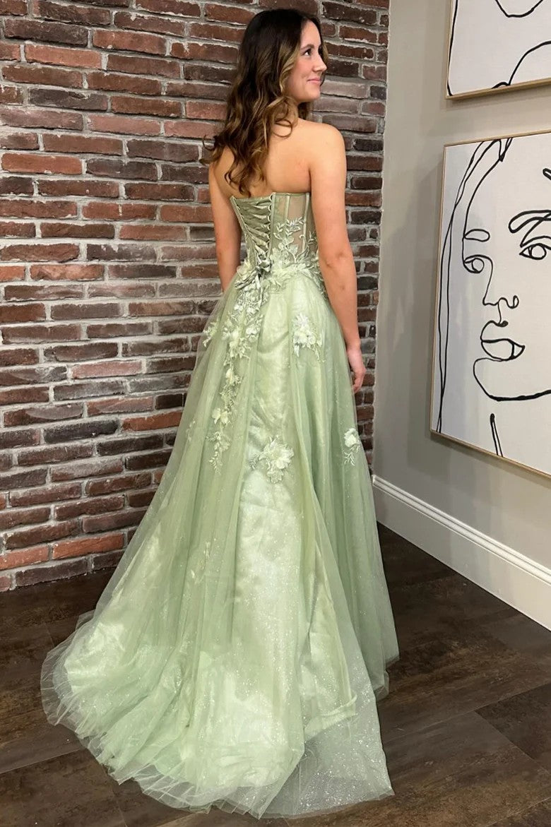 Lumidress Sage Green Sweetheart 3D Floral Lace Prom Dress with Slit