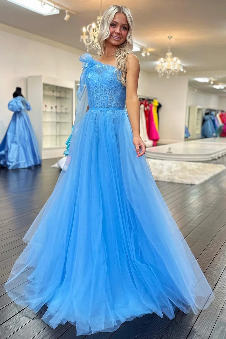 Lumidress Elegant Sky Blue One-Shoulder Lace and Tulle Ball Gown with Bow