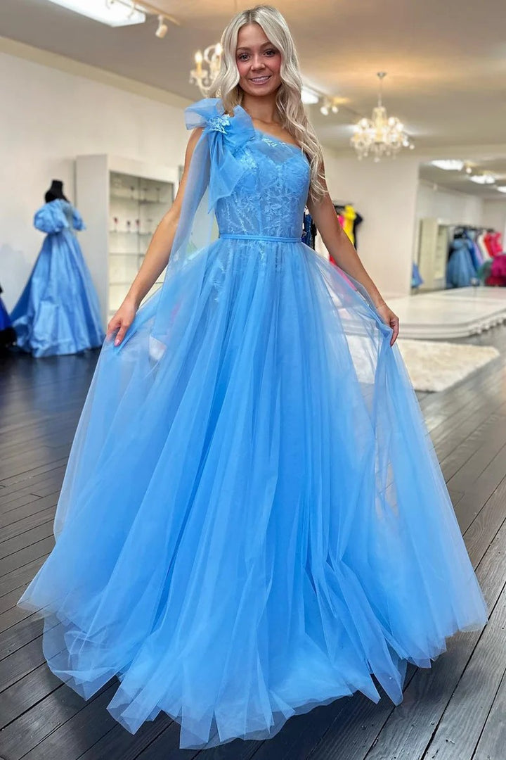 Lumidress Elegant Sky Blue One-Shoulder Lace and Tulle Ball Gown with Bow