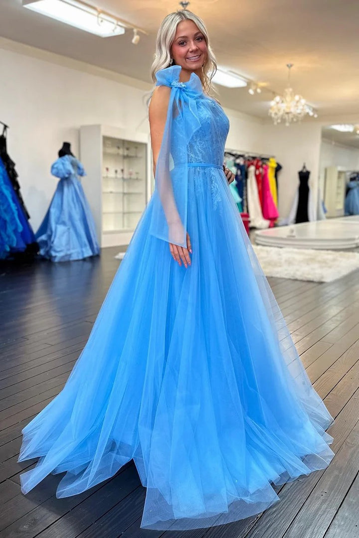 Lumidress Elegant Sky Blue One-Shoulder Lace and Tulle Ball Gown with Bow