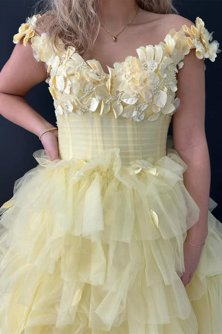 Lumidress Romantic Light Pink Off-Shoulder Tiered Tulle Ball Gown with Floral Appliqués
