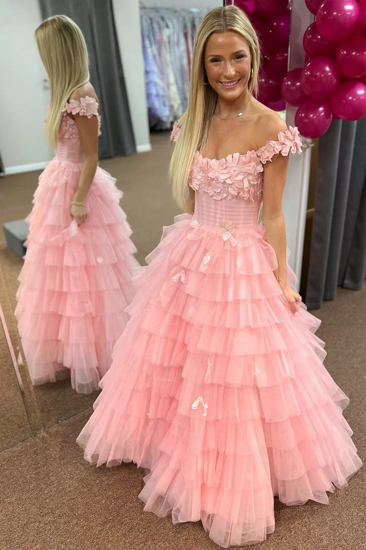 Lumidress Romantic Light Pink Off-Shoulder Tiered Tulle Ball Gown with Floral Appliqués