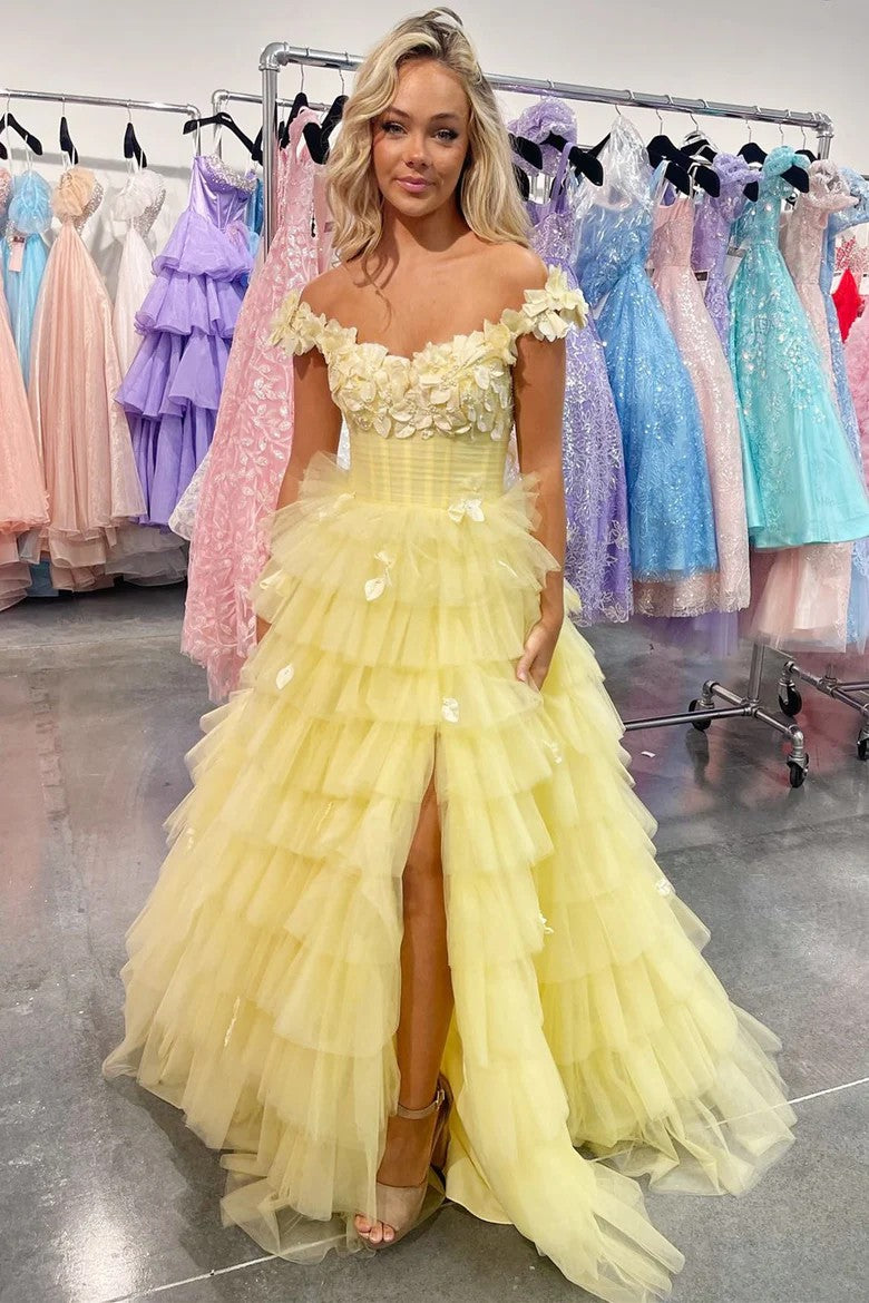 Lumidress Romantic Light Pink Off-Shoulder Tiered Tulle Ball Gown with Floral Appliqués