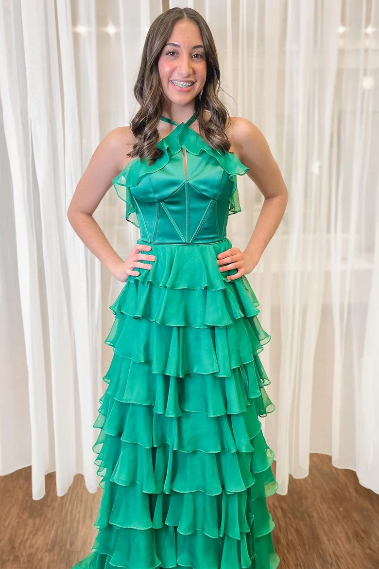 Lumidress Blush Pink Halter Neck Tiered Ruffle Long Evening Dress