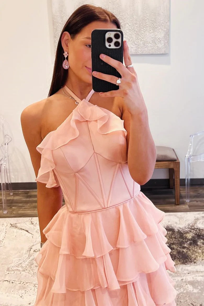 Lumidress Blush Pink Halter Neck Tiered Ruffle Long Evening Dress