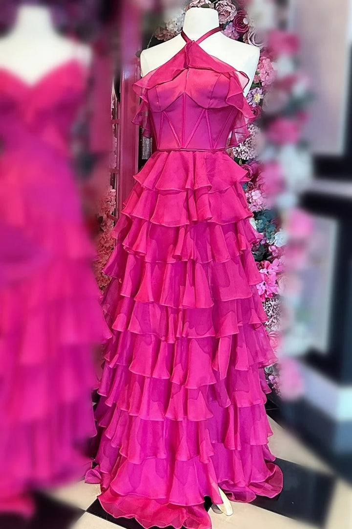 Lumidress Blush Pink Halter Neck Tiered Ruffle Long Evening Dress