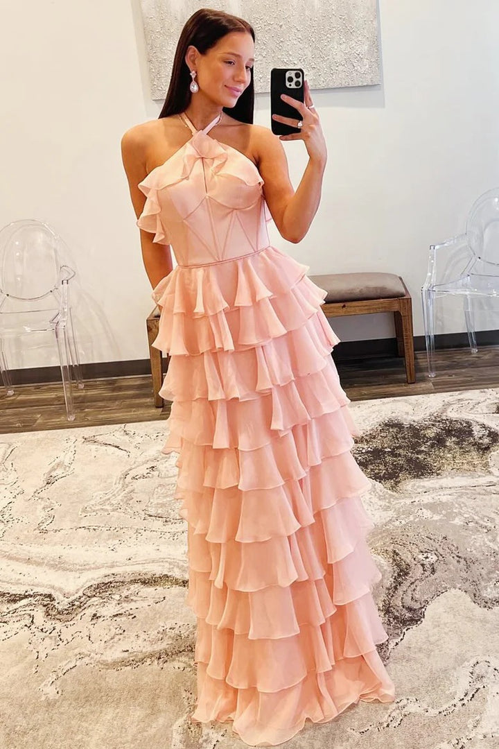 Lumidress Blush Pink Halter Neck Tiered Ruffle Long Evening Dress