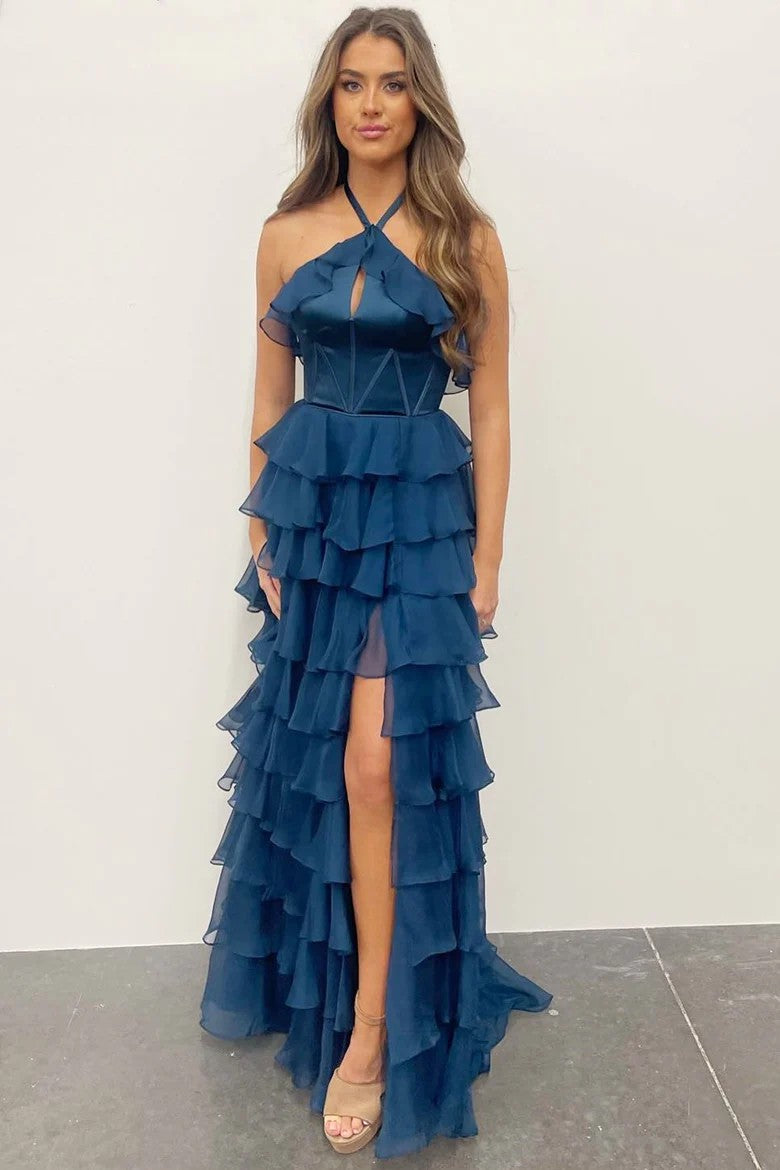 Lumidress Blush Pink Halter Neck Tiered Ruffle Long Evening Dress