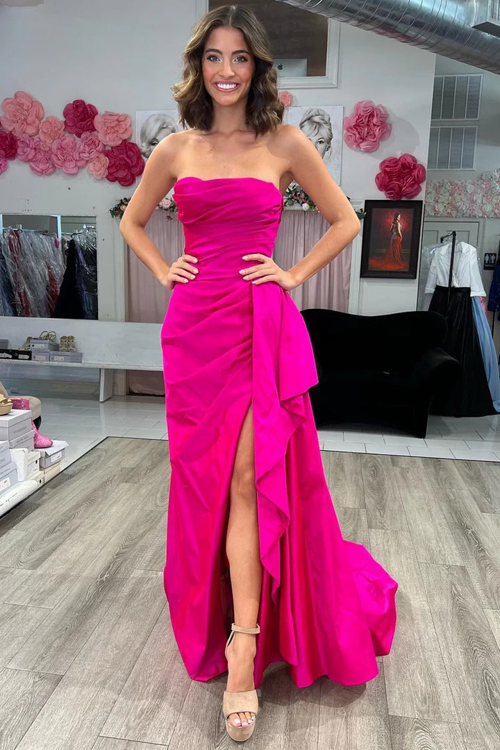 Lumidress Elegant Strapless Orange Satin Evening Prom Dress with Sweep Train