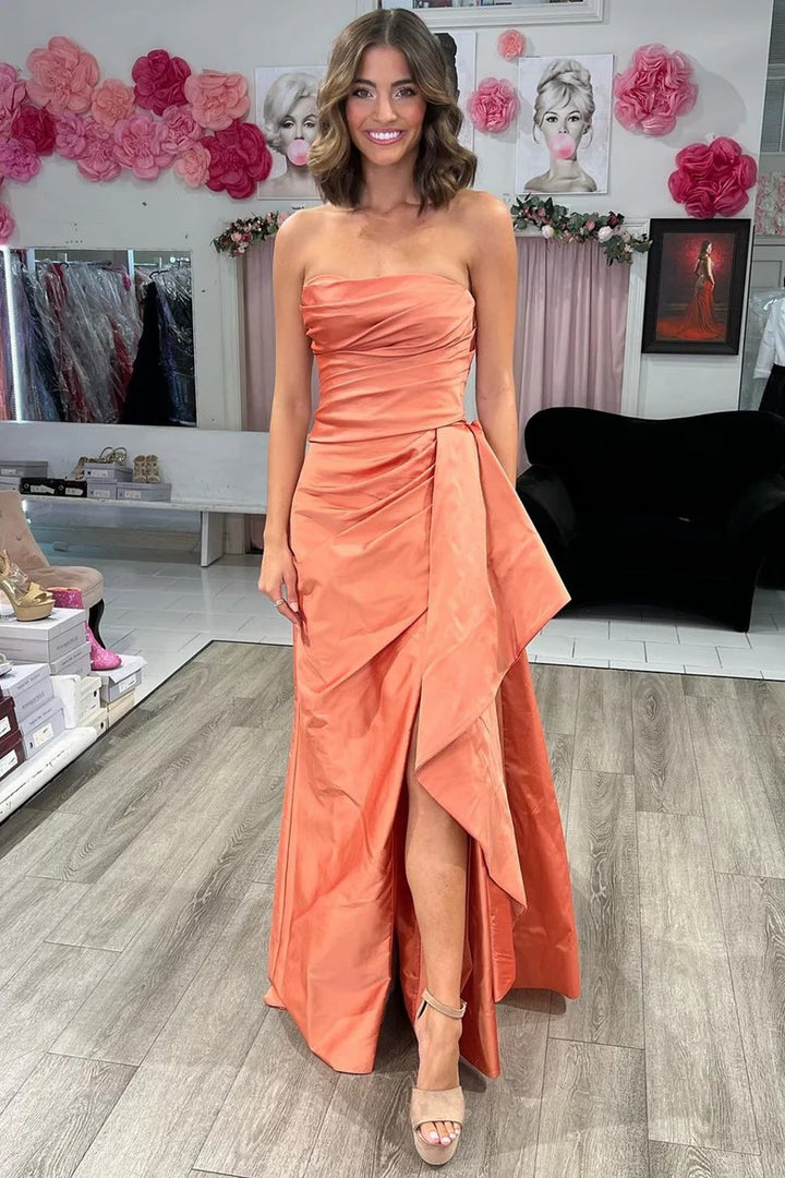 Lumidress Elegant Strapless Orange Satin Evening Prom Dress with Sweep Train