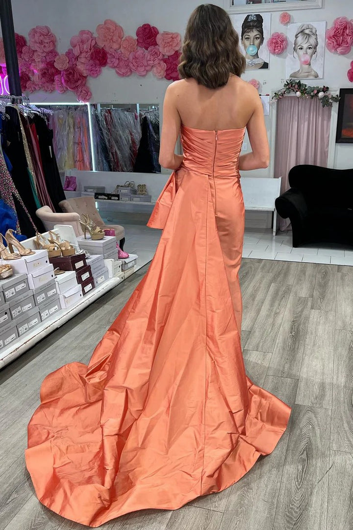 Lumidress Elegant Strapless Orange Satin Evening Prom Dress with Sweep Train