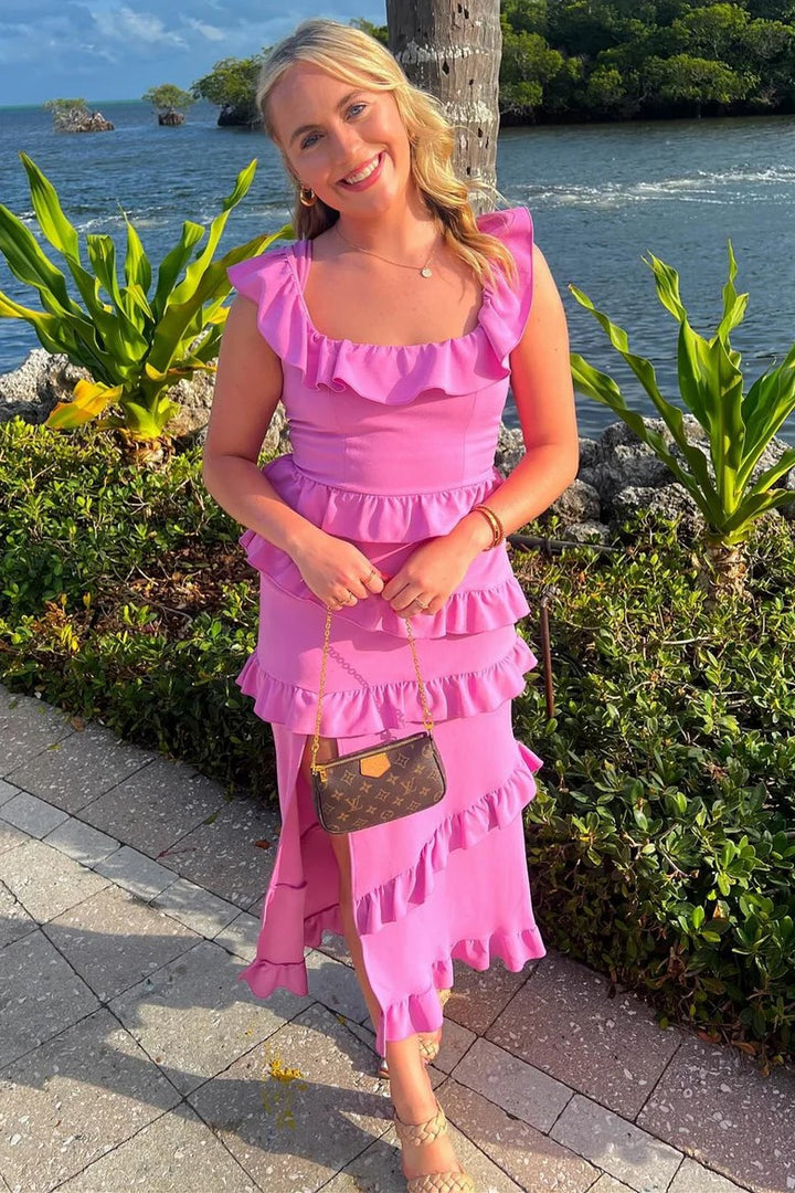 Lumidress Fuchsia Ruffled Square-Neck Midi Dress with Side Slit