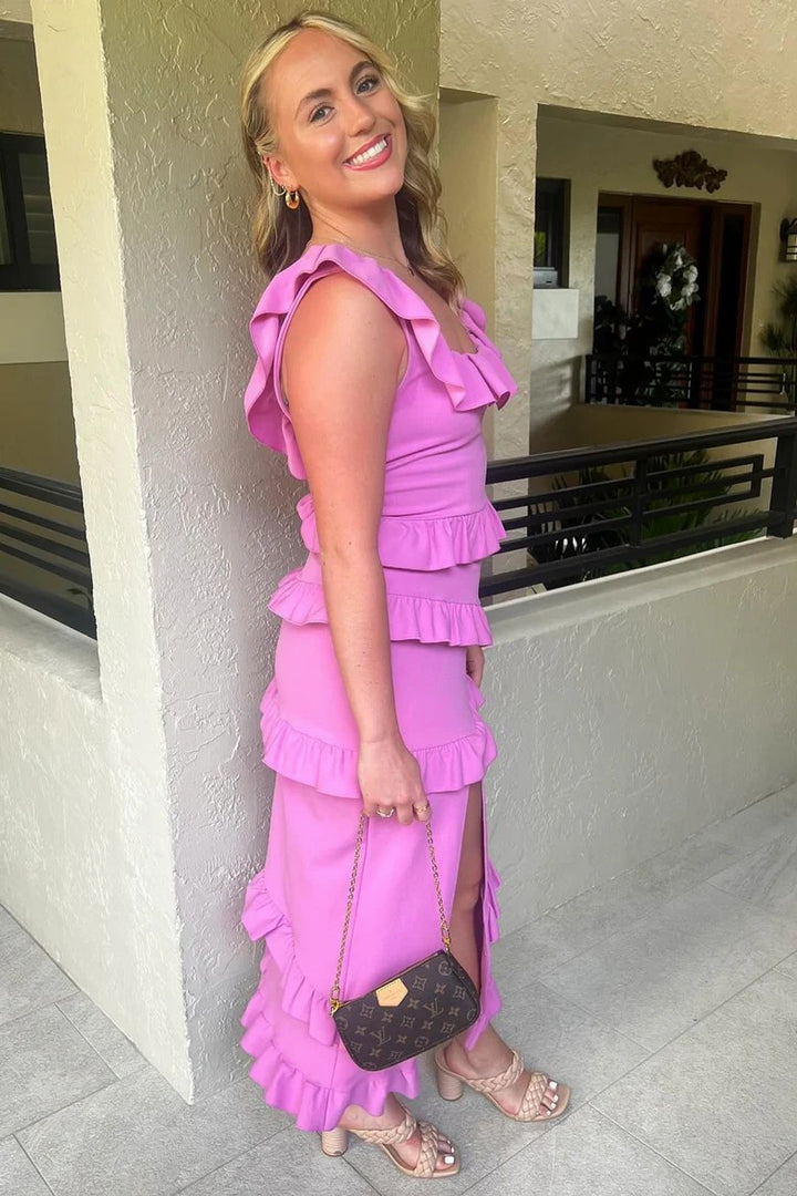 Lumidress Fuchsia Ruffled Square-Neck Midi Dress with Side Slit