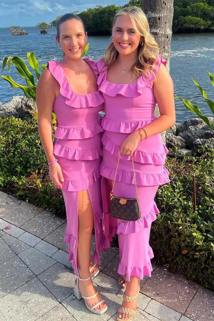 Lumidress Fuchsia Ruffled Square-Neck Midi Dress with Side Slit