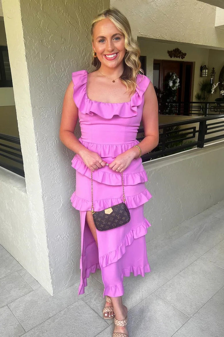 Lumidress Fuchsia Ruffled Square-Neck Midi Dress with Side Slit