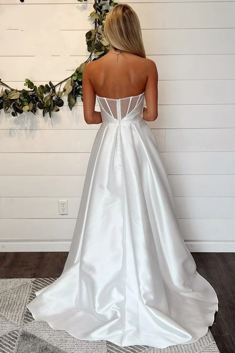 Lumidress White Strapless A-Line Wedding Gown with Sheer Back Detail