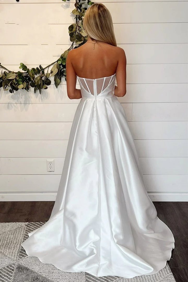 Lumidress White Strapless A-Line Wedding Gown with Sheer Back Detail
