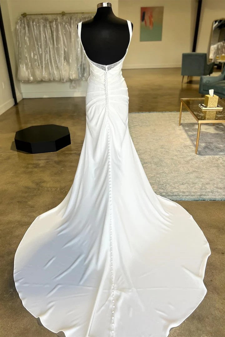 Elegant Spaghetti Strap Mermaid Wedding Dress with Illusion Pearl Sleeves