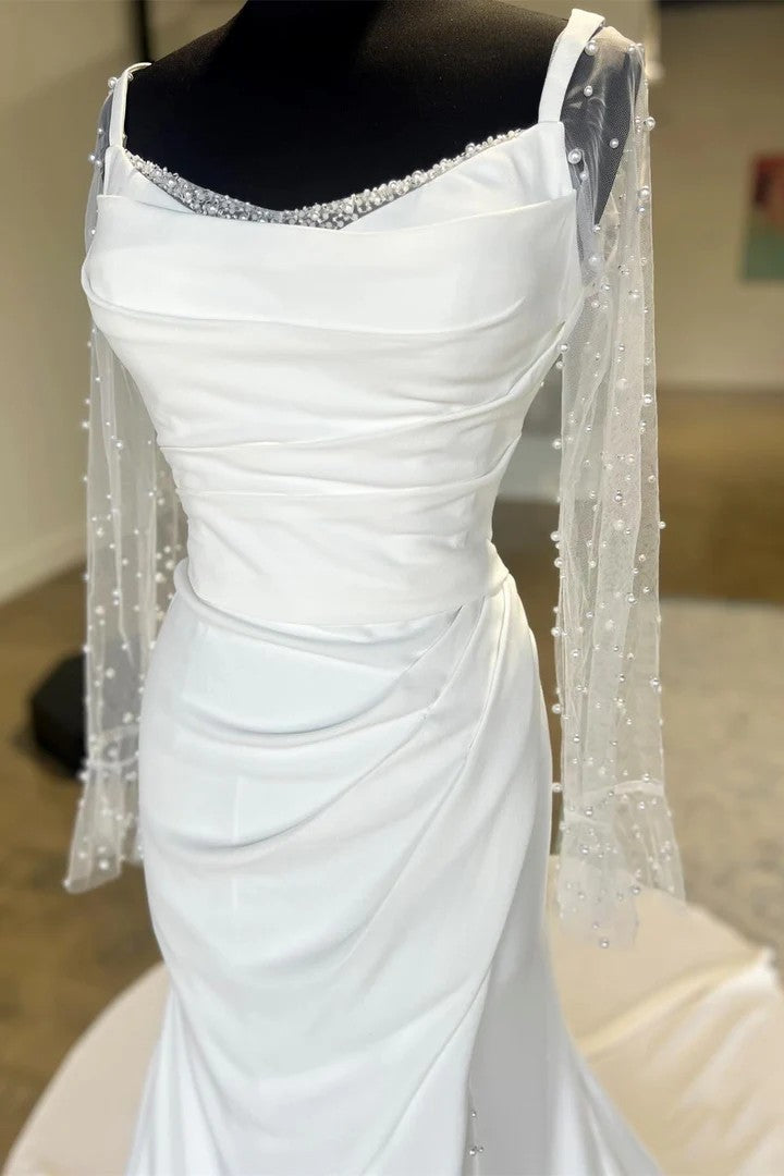 Elegant Spaghetti Strap Mermaid Wedding Dress with Illusion Pearl Sleeves