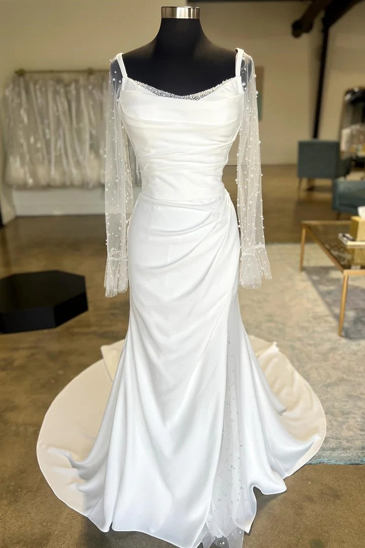 Elegant Spaghetti Strap Mermaid Wedding Dress with Illusion Pearl Sleeves