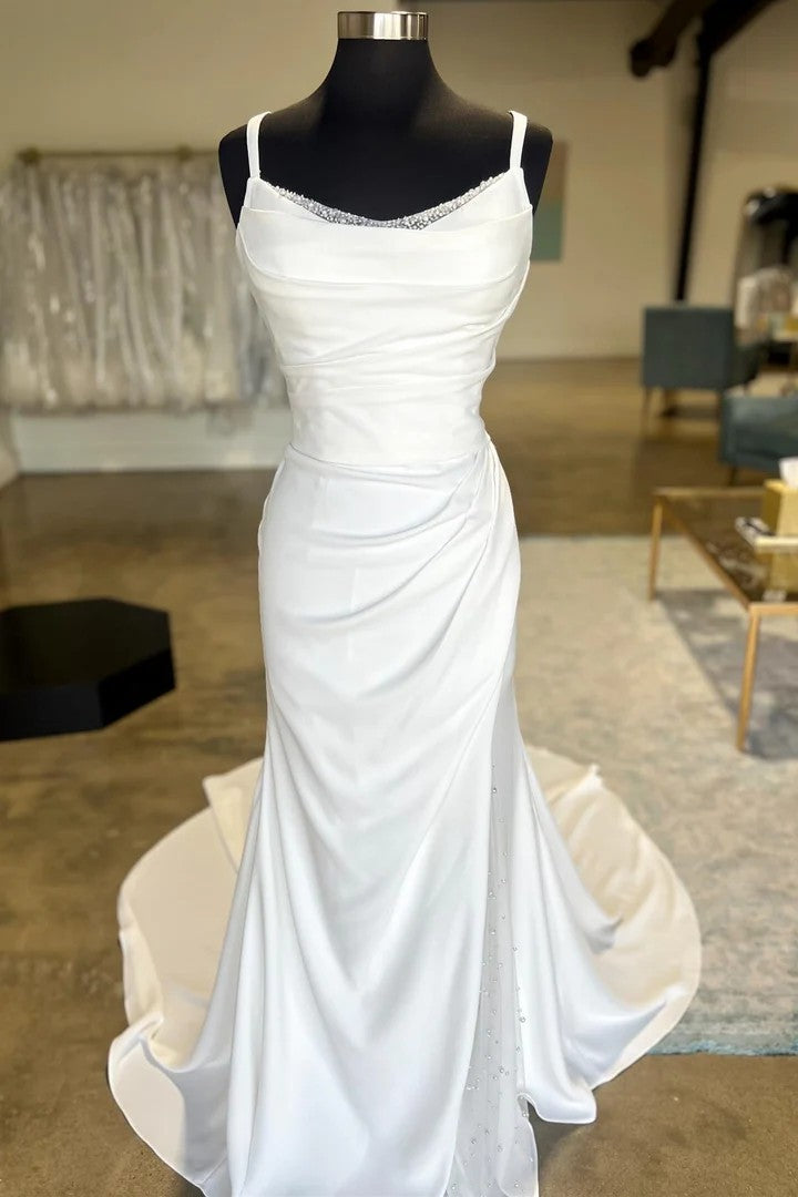 Elegant Spaghetti Strap Mermaid Wedding Dress with Illusion Pearl Sleeves
