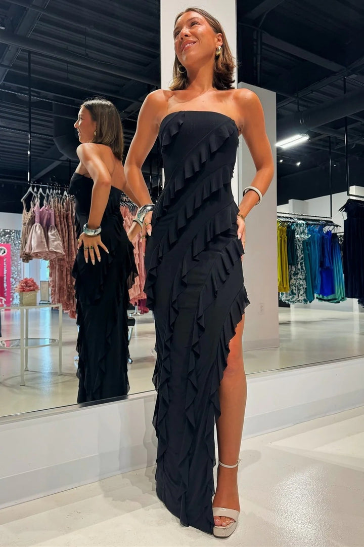 Lumidress Romantic Pink Strapless Ruffle Chiffon Slit Maxi Dress