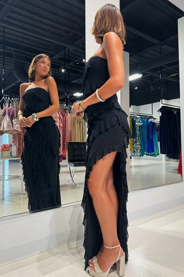 Lumidress Romantic Pink Strapless Ruffle Chiffon Slit Maxi Dress