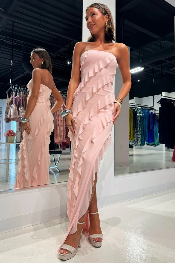 Lumidress Romantic Pink Strapless Ruffle Chiffon Slit Maxi Dress