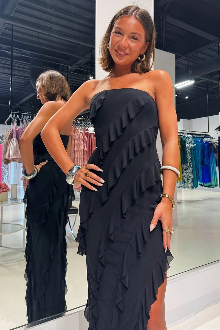 Lumidress Romantic Pink Strapless Ruffle Chiffon Slit Maxi Dress