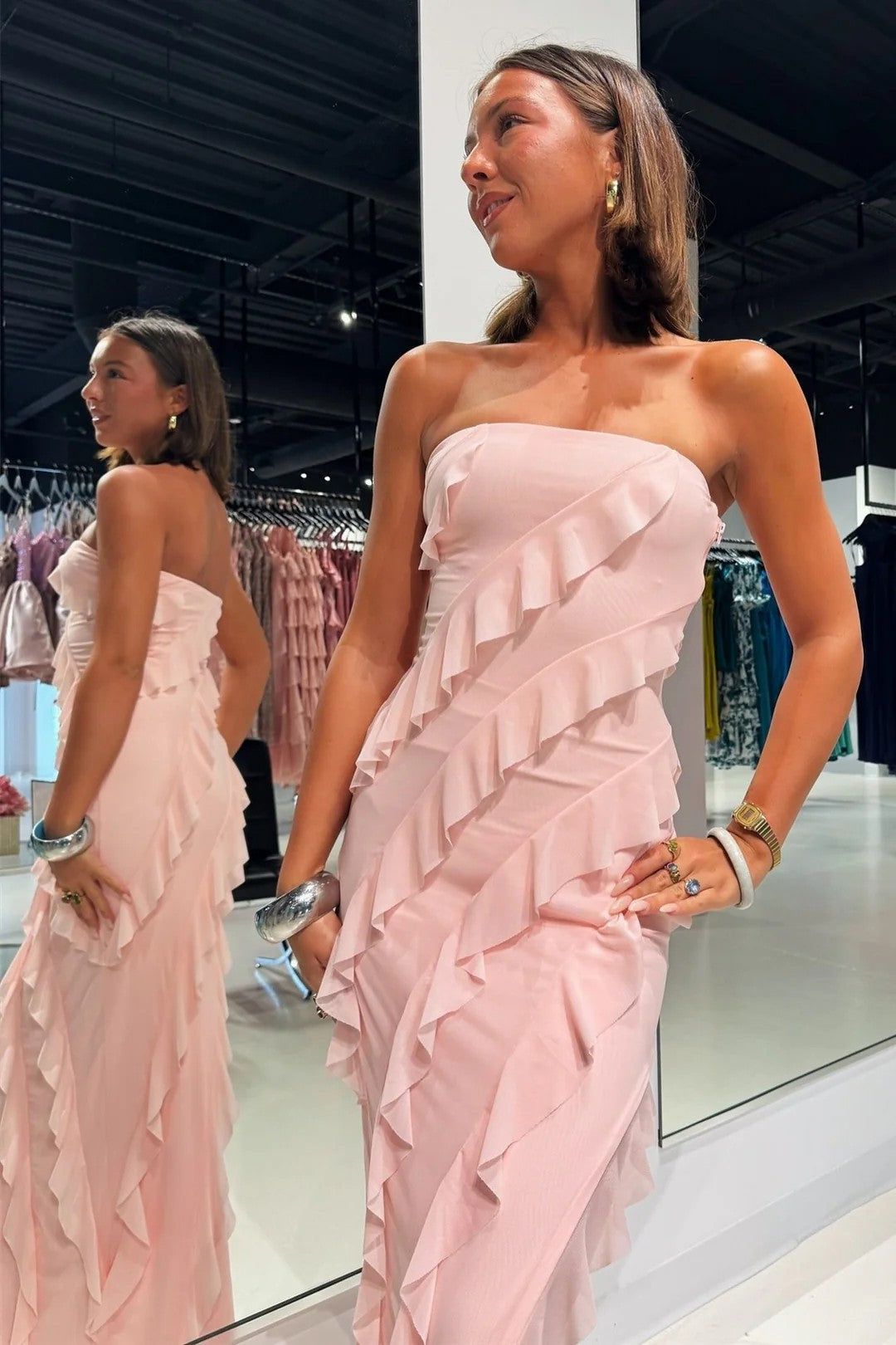 Lumidress Romantic Pink Strapless Ruffle Chiffon Slit Maxi Dress
