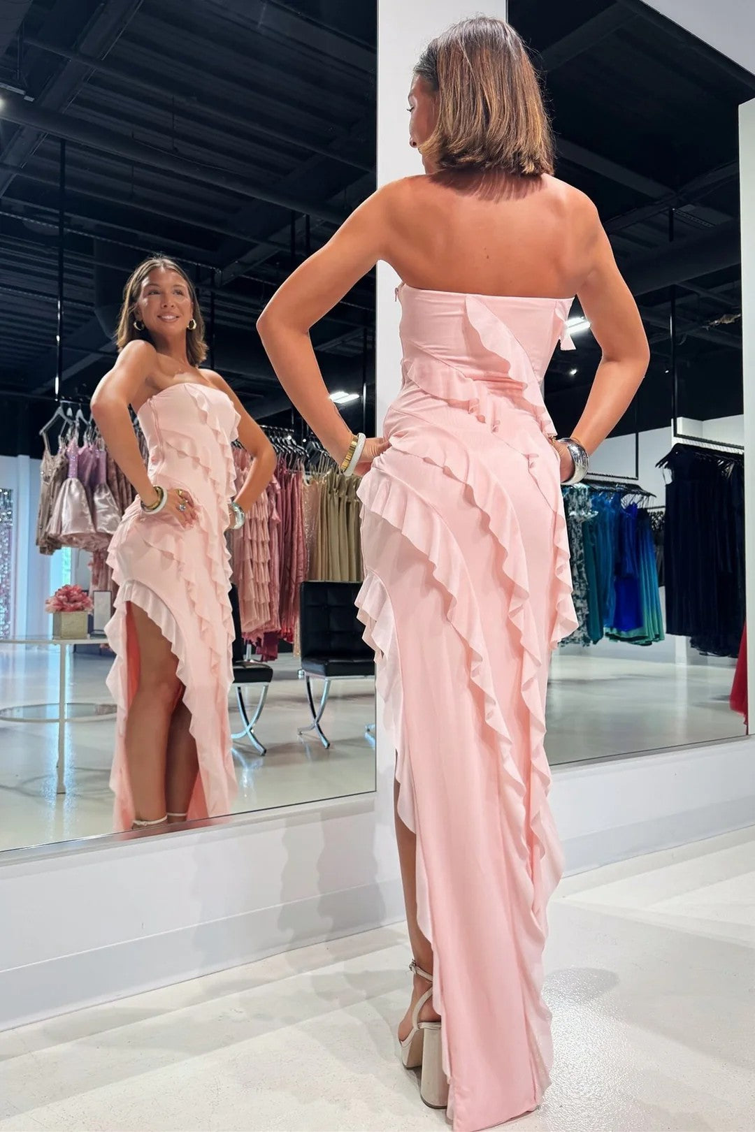 Lumidress Romantic Pink Strapless Ruffle Chiffon Slit Maxi Dress